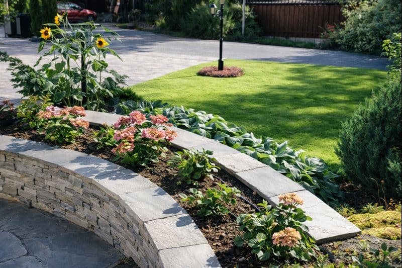 Buet mur med hellekant rundt blomsterbed